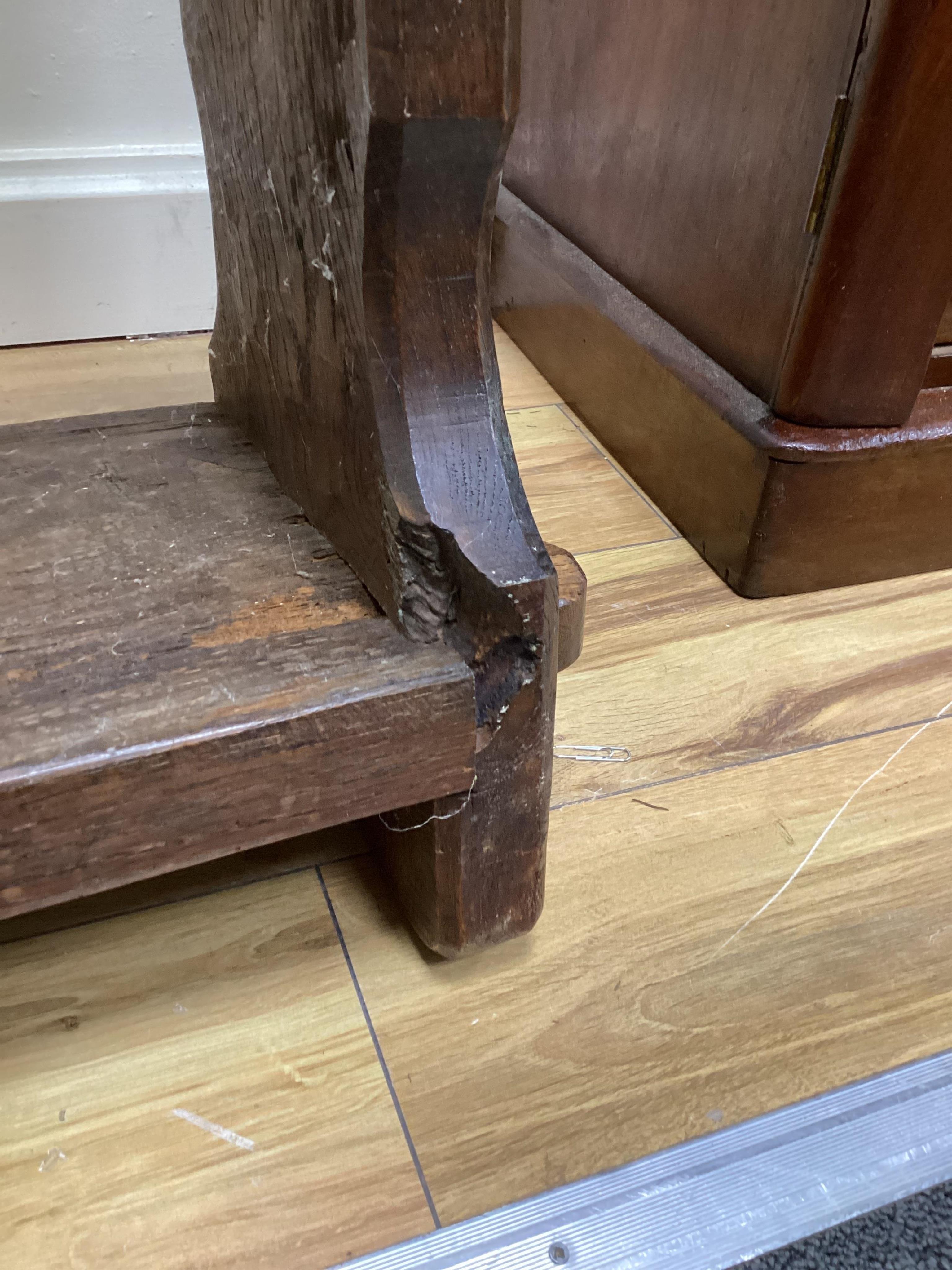 A pair of 18th century style small oak bench seats, width 96cm, depth 25cm, height 51cm